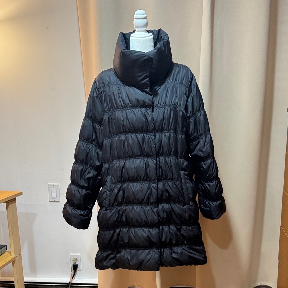 Eileen Fisher Black Quilted Puffer Coat with High Funnel Collar